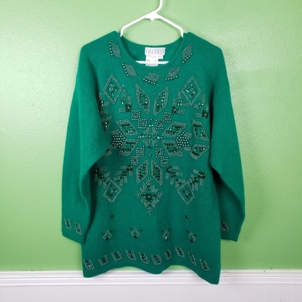 Rare Vintage 80's Shannan Green Heavily Beaded Lambswool Rabbit Pullover Sweater